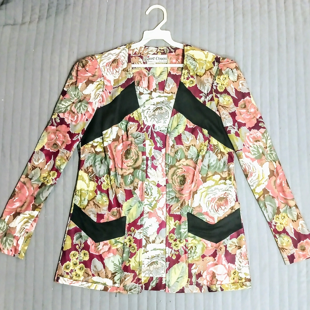 Vintage Just Choon Floral Jacket Blazer 90% Acetate 10% Nylon Women Free Ship